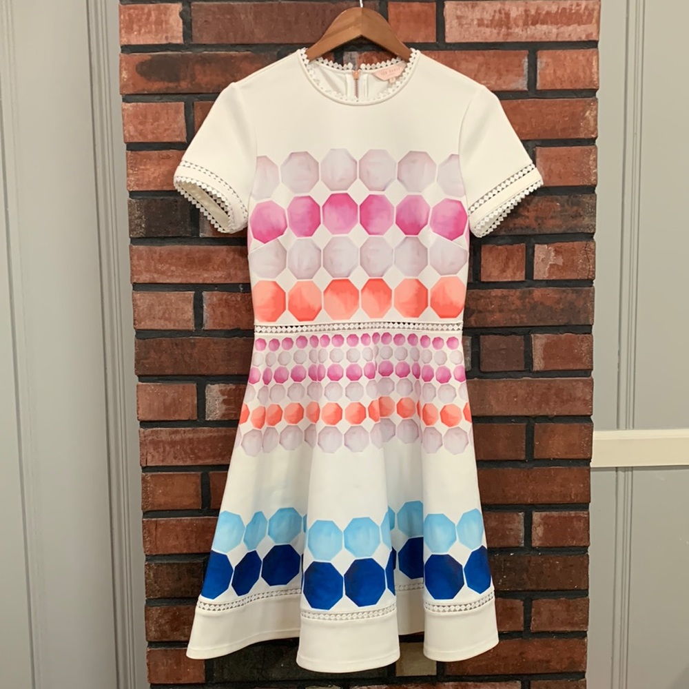 Ted Baker White Dress with Pink, Coral and Blue Hexagon Print - Picture 4 of 14
